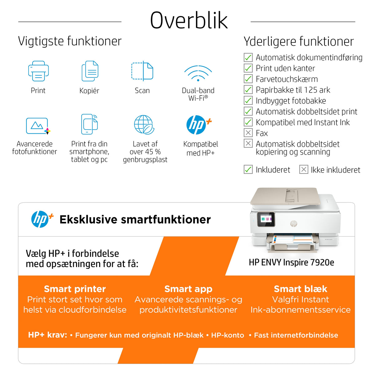 HP ENVY Inspire 7920e Trådløst All-in-One Farve Printer, Instant Ink; Kopimaskine, scanner