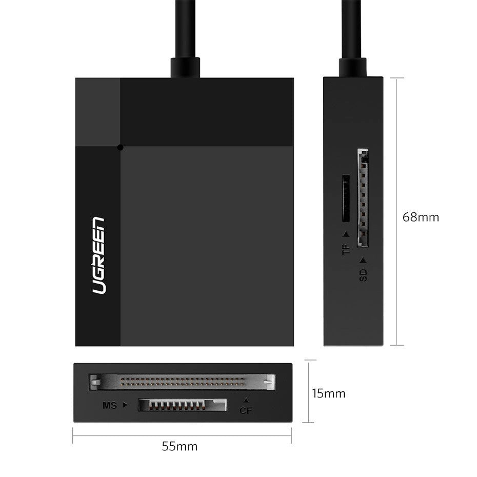 Ugreen CR125 30231 SD / micro SD / CF / MS hukommelseskortlæser med 1m USB 3.0-kabel - sort