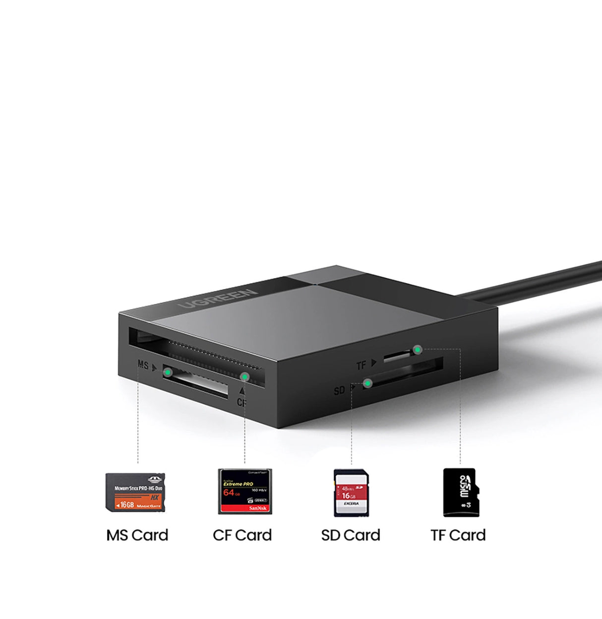 Ugreen CR125 30231 SD / micro SD / CF / MS hukommelseskortlæser med 1m USB 3.0-kabel - sort