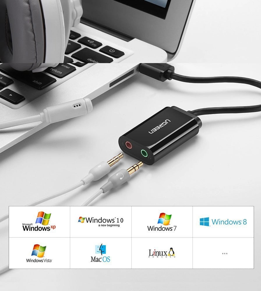 Grøn ekstern lydkort musik adapter USB - 3,5 mm mini jack 15 cm sort (30724)