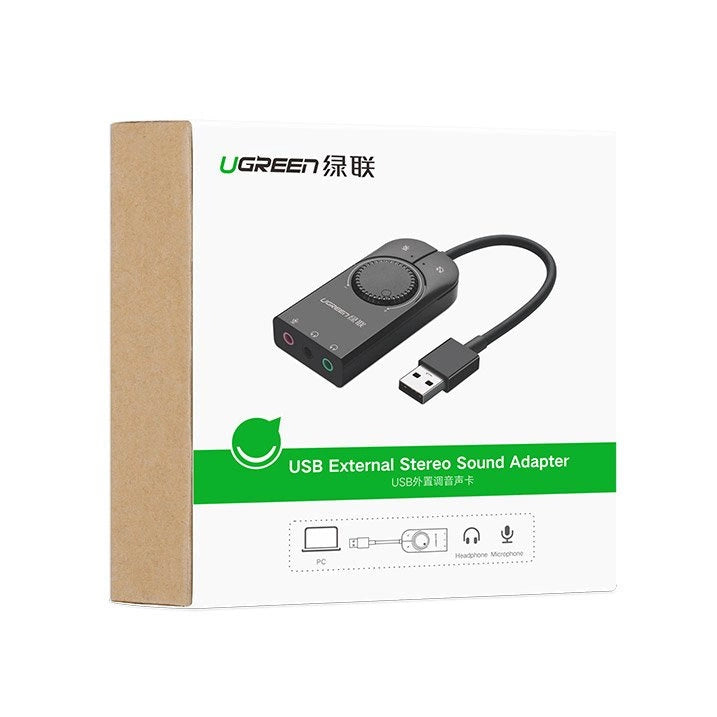 Ugreen eksternt lydkort musik adapter USB - 3,5 mm mini jack med volumen kontrol 15 cm sort (40964)