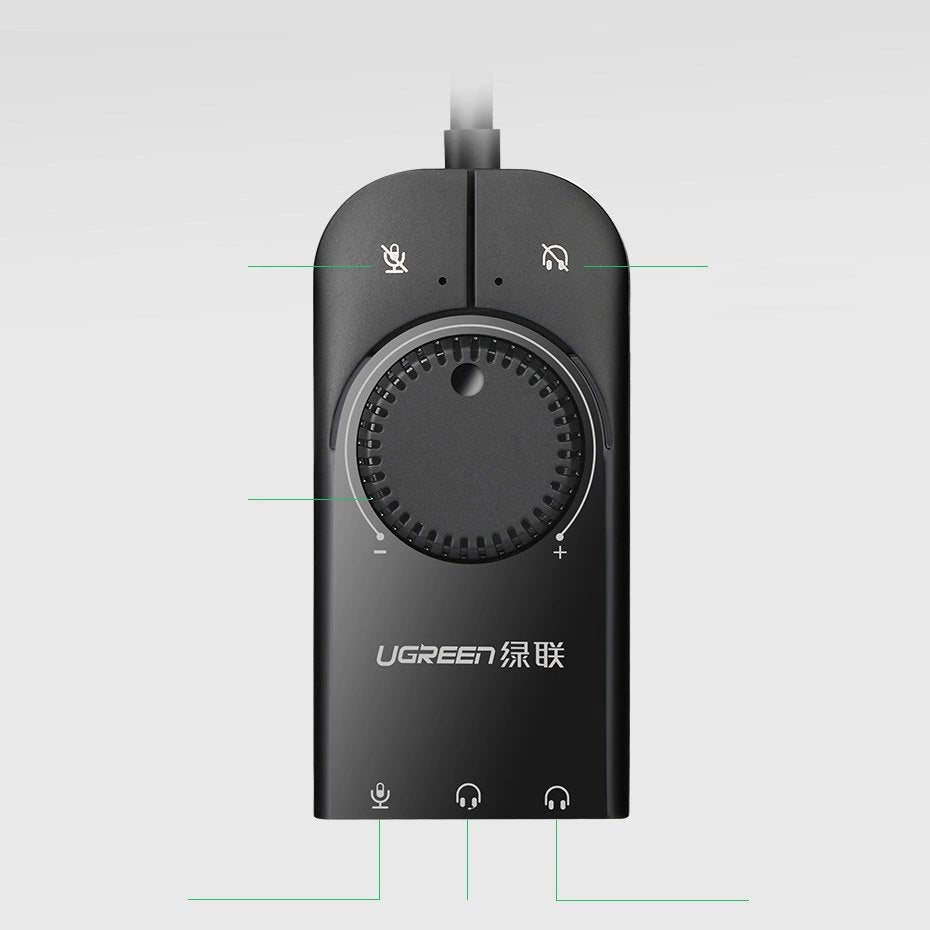 Ugreen eksternt lydkort musik adapter USB - 3,5 mm mini jack med volumen kontrol 15 cm sort (40964)