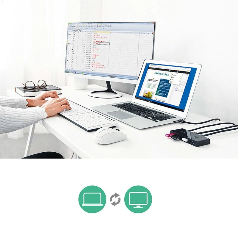 Grøn switch box HUB switch 4x USB 2.0 USB splitter til to computere sort (30767)