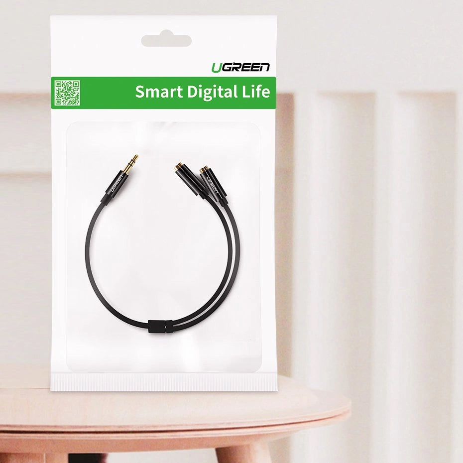 Grøn kabel 3,5 mm hovedtelefon splitter mini jack AUX 25cm sort (20816)