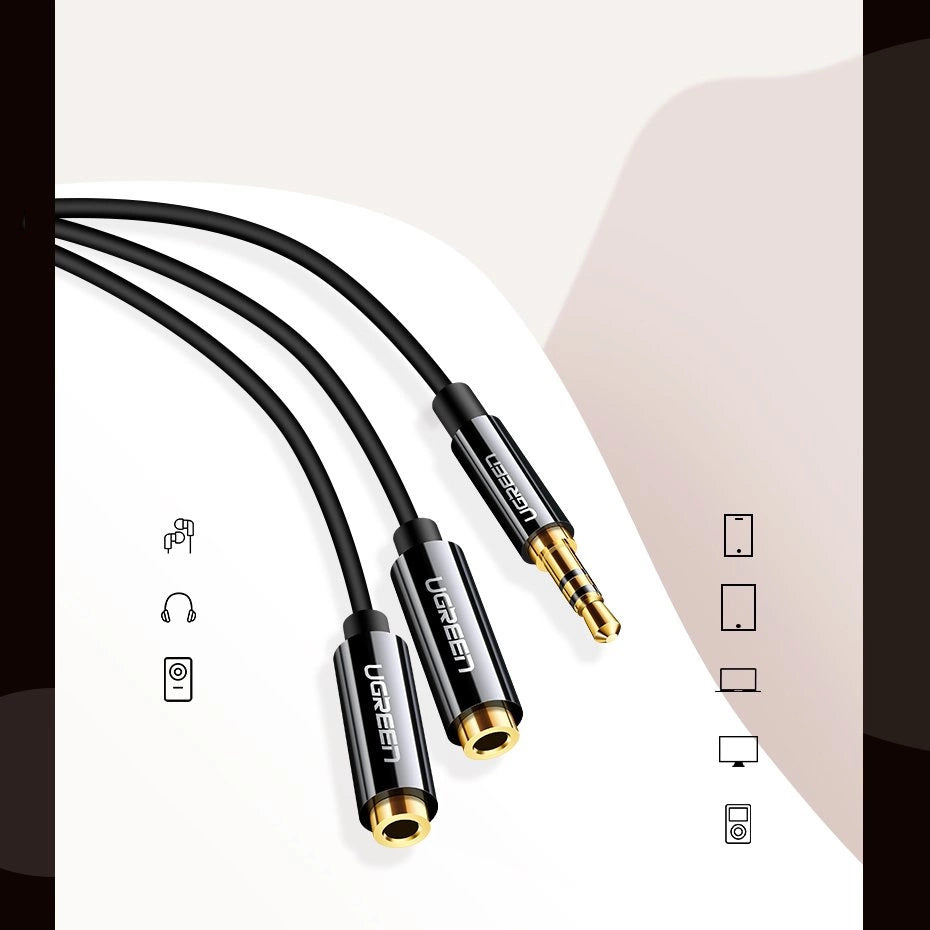 Grøn kabel 3,5 mm hovedtelefon splitter mini jack AUX 25cm sort (20816)