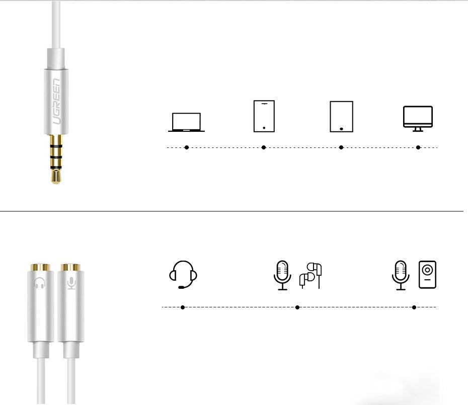 Grønne kabel hovedtelefon splitter 3,5 mm mini jack AUX mikrofon 20 cm (mikrofon + stereo udgang) sølv (30619)