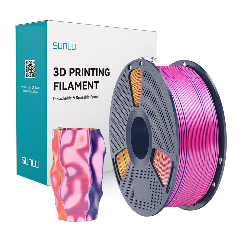 Sunlu PLA+ silke trefarvet filament (rødt, gult og blåt)