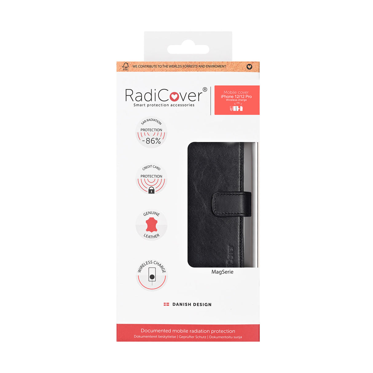 Radicover Strålingsbeskyttelse Wallet Læder I Phone 12/12 Pro 2in1 Magnet Sort