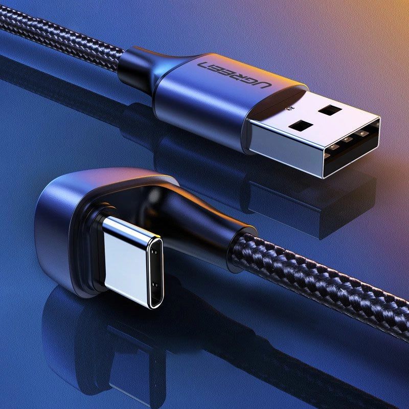 Ugreen nylon vinklet kabel USB-kabel - USB Type C 1 m 3 A 18 W Hurtig opladning AFC FCP for spillere grå (70313)