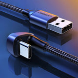 Ugreen nylon vinklet kabel USB-kabel - USB Type C 1 m 3 A 18 W Hurtig opladning AFC FCP for spillere grå (70313)