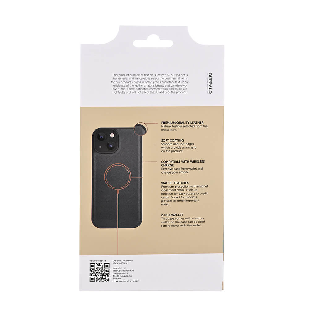 BUFFALO 2in1 Læder 3 kort MagSerie iPhone 15 Sort
