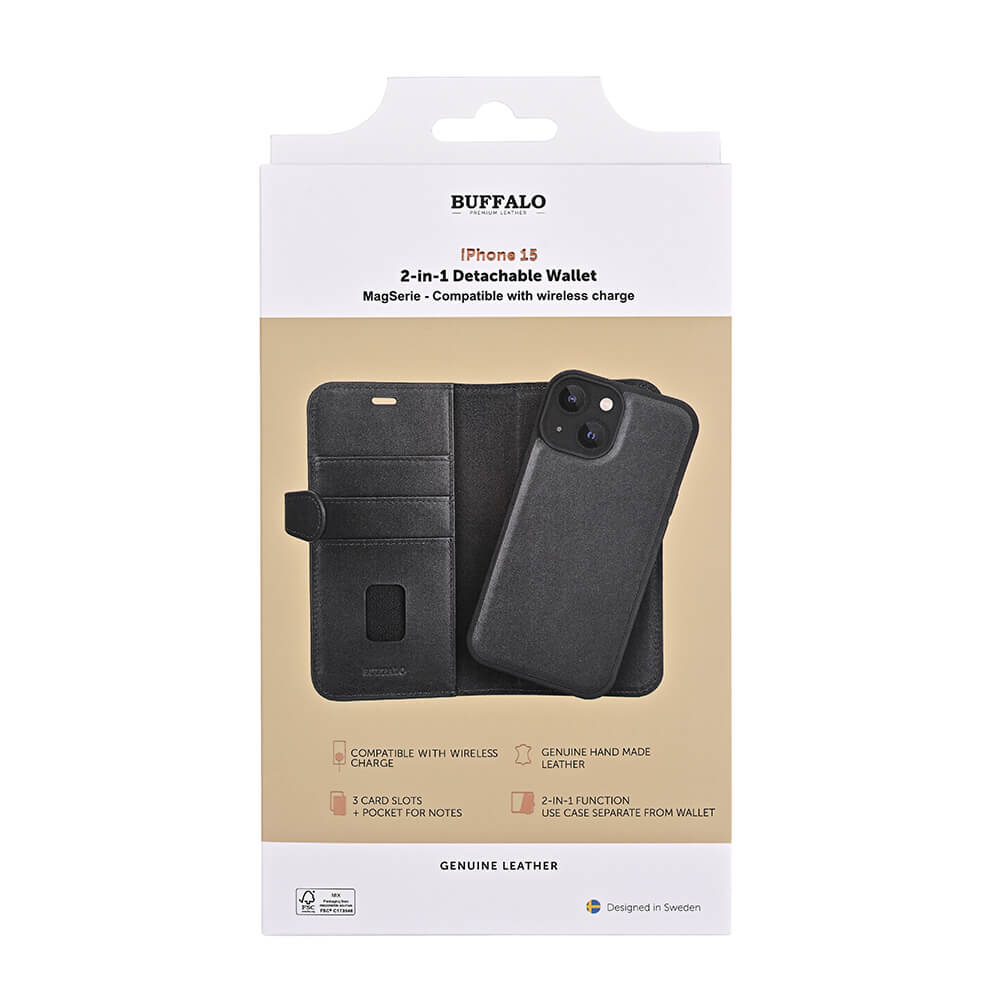 BUFFALO 2in1 Læder 3 kort MagSerie iPhone 15 Sort