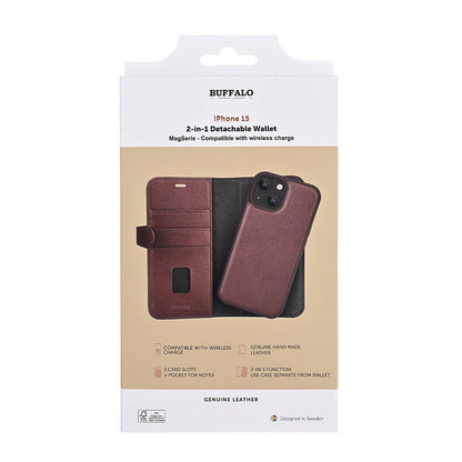 BUFFALO 2in1 Leather 3 card MagSerie iPhone 15 Brun