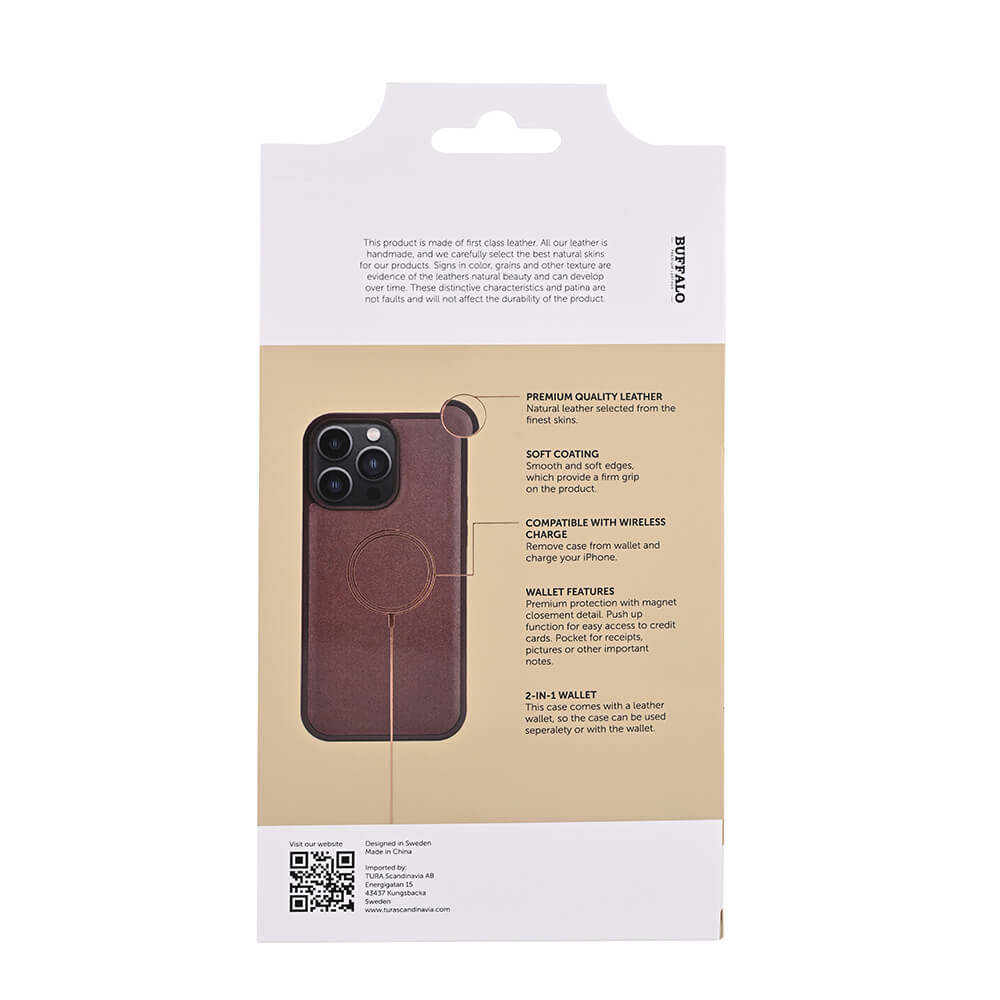 BUFFALO 2in1 Leather 3 card MagSerie iPhone 15 Pro Max Brun