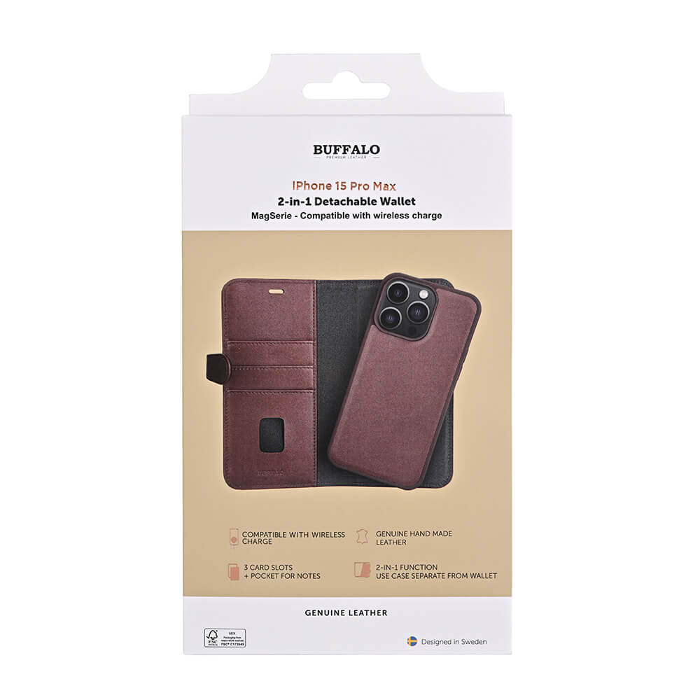 BUFFALO 2in1 Leather 3 card MagSerie iPhone 15 Pro Max Brun