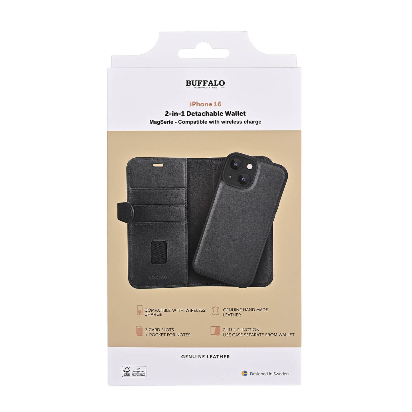 BUFFALO 2in1 Leather 3 card MagSeries iPhone 16 Black