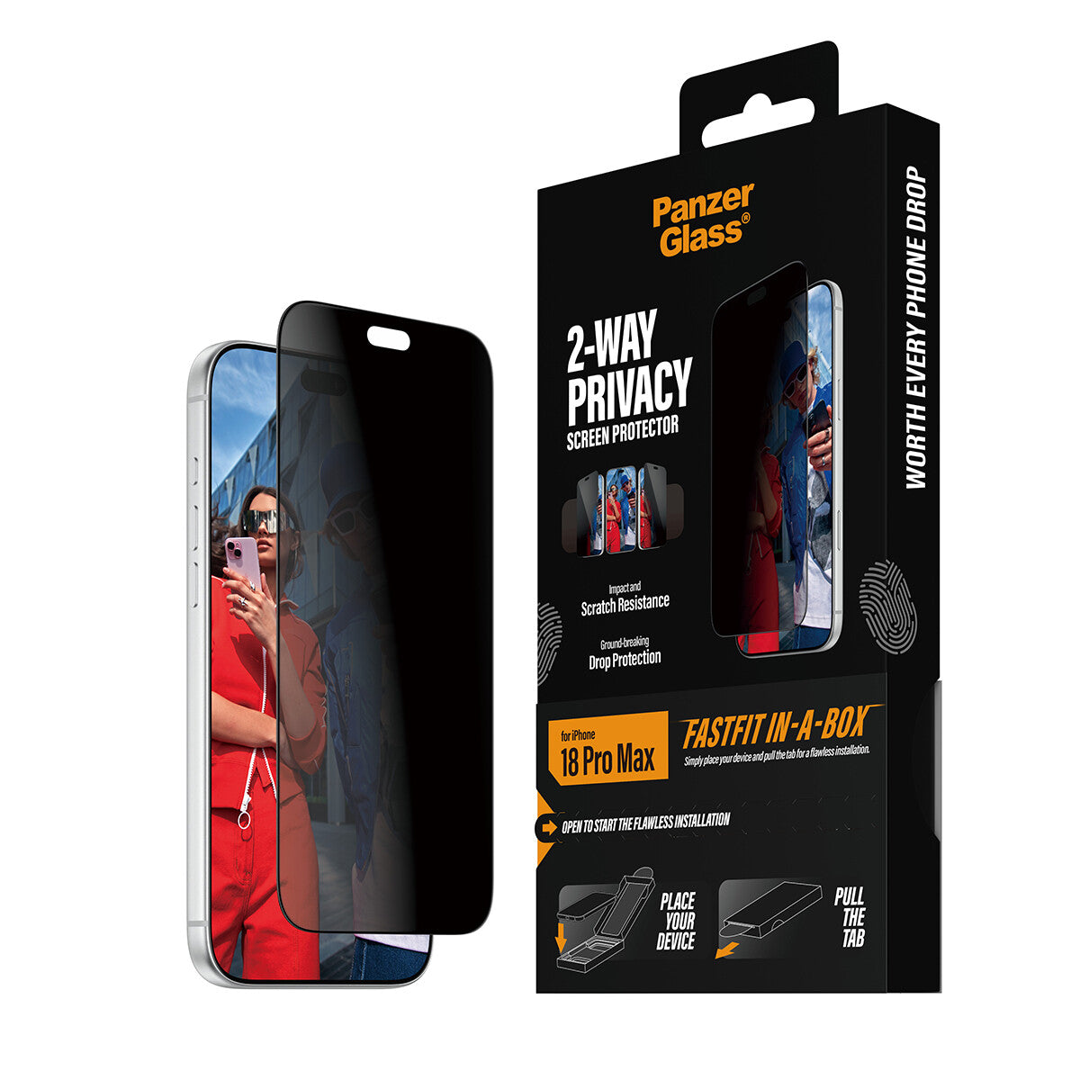 PanzerGlass ® 2-Way Privacy Skærmbeskyttelse iPhone 18 Pro Max | Ultra-Wide Fit m. FASTFIT IN-A-BOX