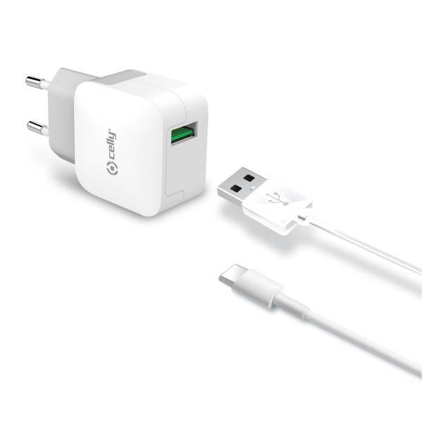 Celly Wall Charger + USB-A to USB-C Cable 12W White (1M)