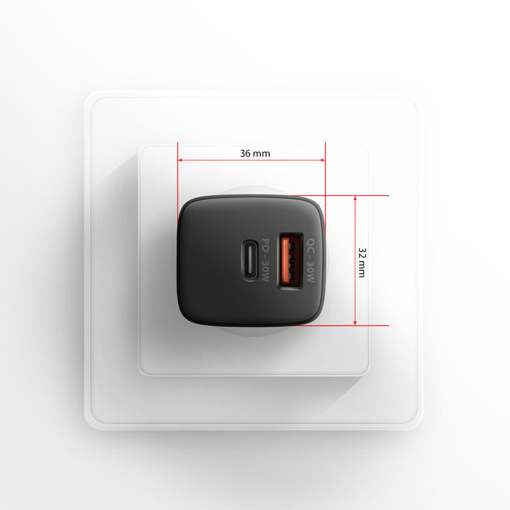 Axagon ACU-PQ30 Ladegerät QC3.0, 4.0/AFC/FCP/PPS/Apple+ PD USB-C, 30W - schwarz - Kompaktes Ladegerät - 1x USB-C und 1x USB-A Mobiltelefon, Smartphone, SmartWatch, Tablet, Universel Sort Vekselstrøm Hurtig opladning Indendørs