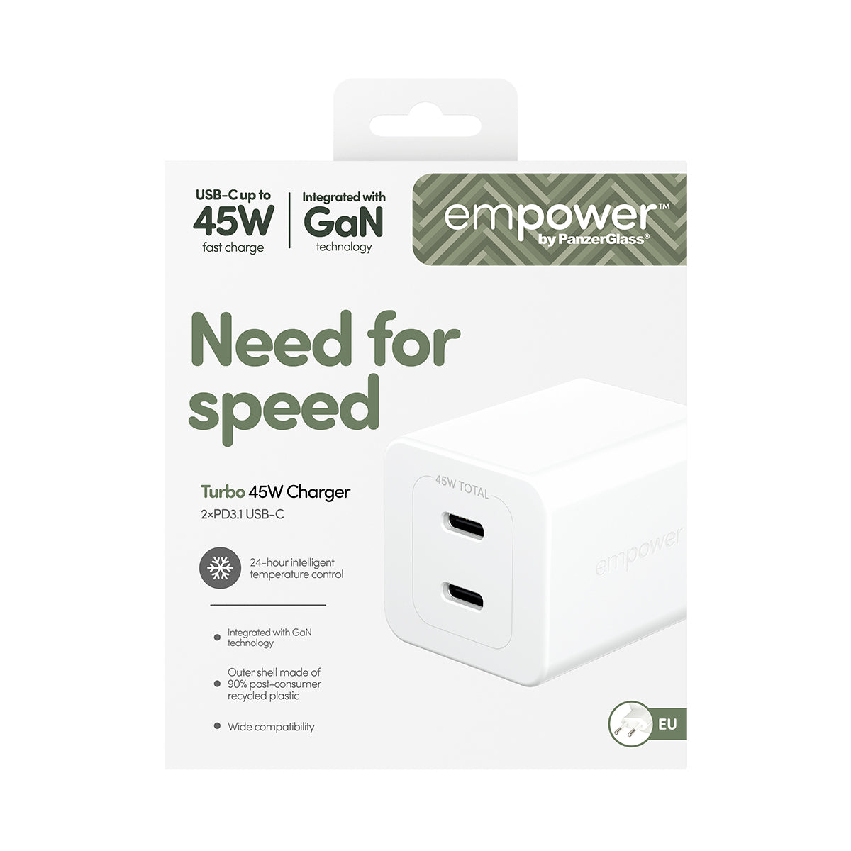 PanzerGlass empower by ® Turbo 45W Oplader inkl. 2 x USB-C | EU Stik | Silver White