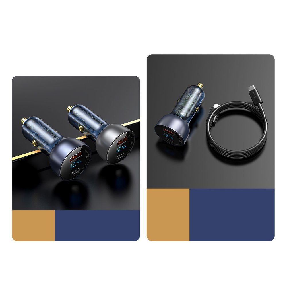 Baseus USB / USB Type C biloplader 65 W 5 A SCP Quick Charge 4.0+ Power Delivery 3.0 LCD skærm grå (CCKX-C0G)