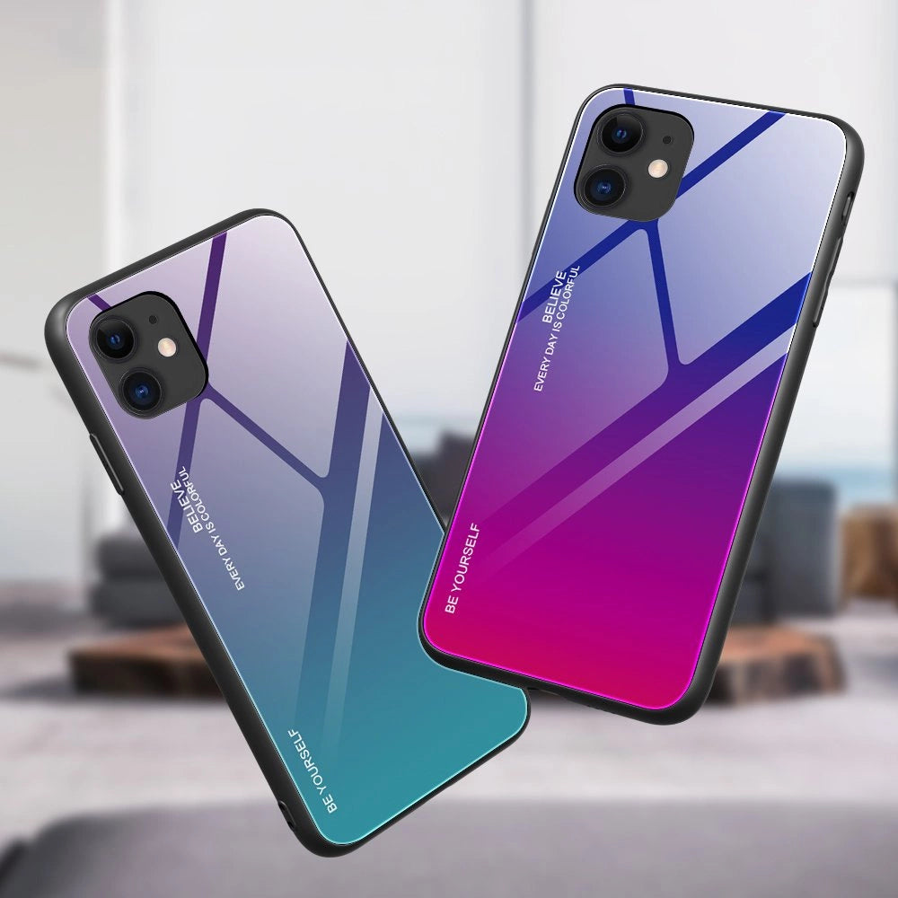 Gradient Glass Durable Cover med tempereret glas Bagside iPhone 12 mini sort-rød