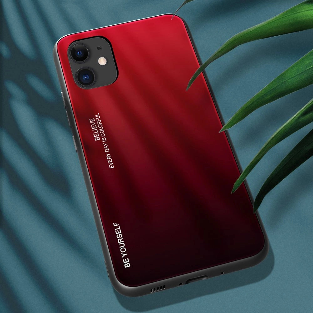 Gradient Glass Durable Cover med tempereret glas Bagside iPhone 12 mini sort-rød