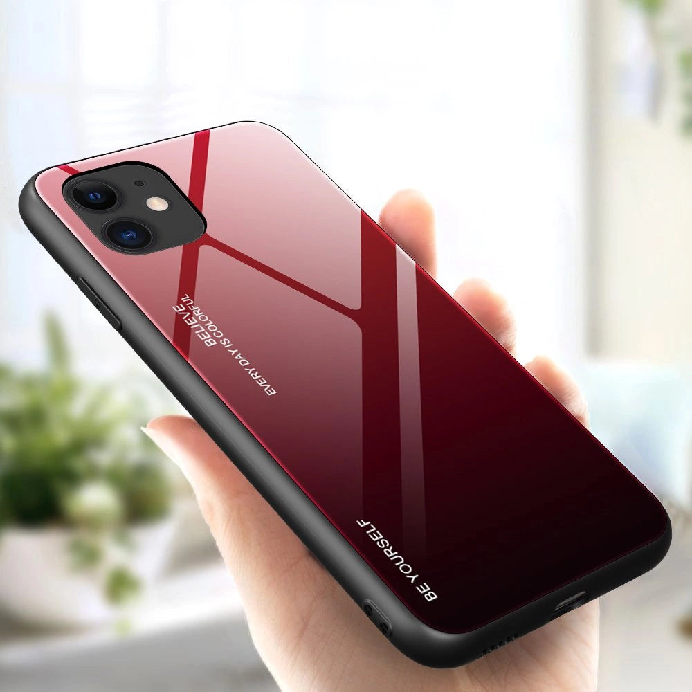 Gradient Glass Durable Cover med tempereret glas Bagside iPhone 12 mini sort-rød