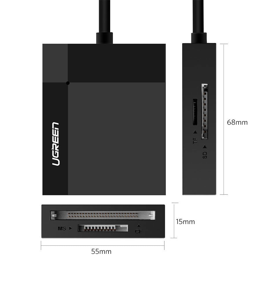 Ugreen CR125 30231 SD / micro SD / CF / MS hukommelseskortlæser med USB 3.0 kabel 0,5 m - sort
