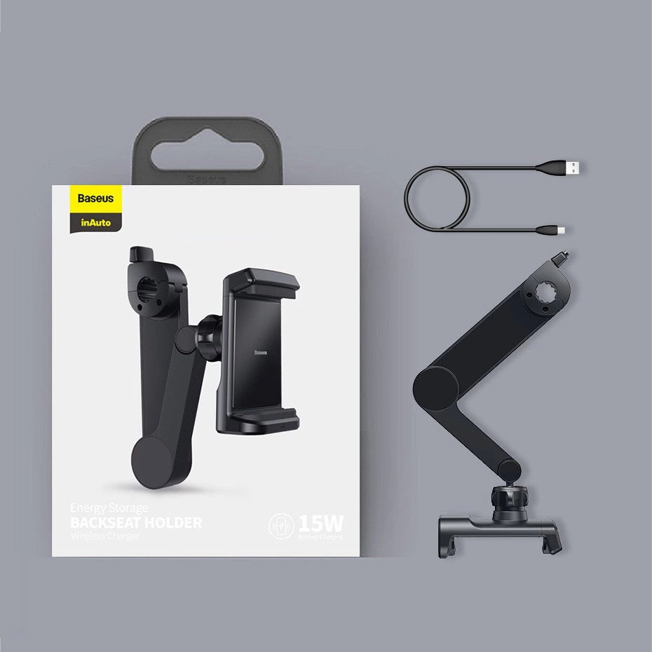 Baseus bil hovedstøtte telefon holder med indbygget 15 W Qi trådløs oplader sort (WXHZ-01)