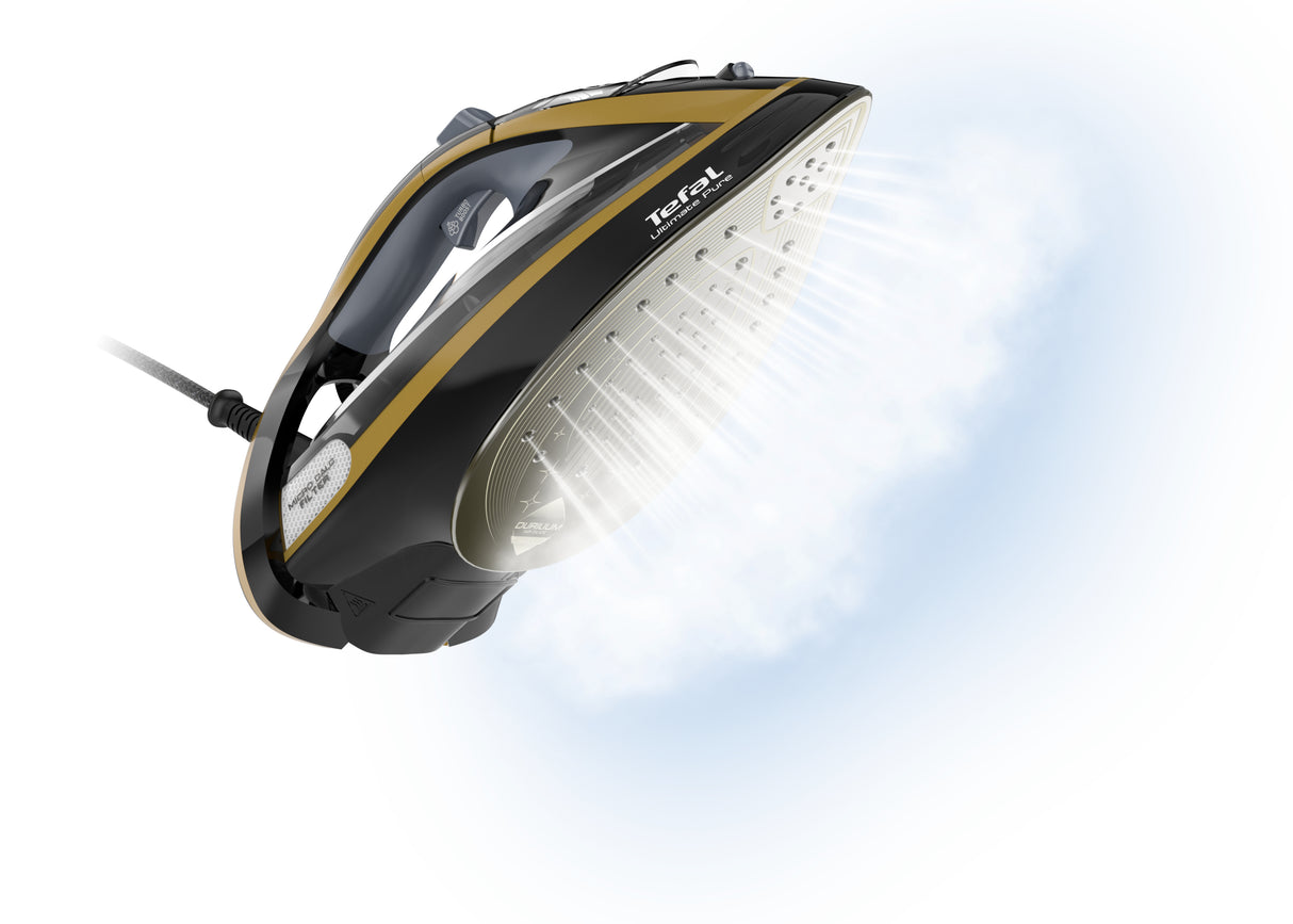 Tefal Ultimate Pure FV9847E0 strygejern Tør & dampstrygejern Durilium Airglide-sålplade 3200 W Sort, Guld