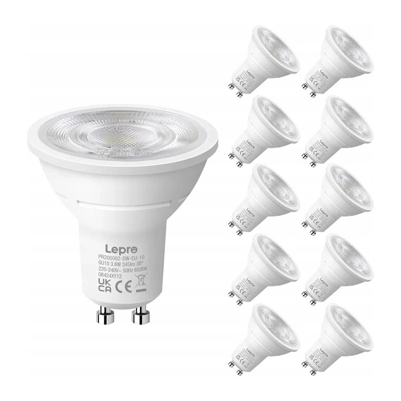 LEPRO 200082-DW-EU-10 GU10 LED-pære, 3,6 W, 345 lm, 6500 K, 38°, energiklasse E, 10 st.