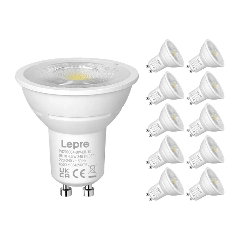LEPRO 200084-DW-EU-10 GU10 Dimmerbar LED-pære, 4,5 W, 345 lm, 6500K, 38°, 10 stk.