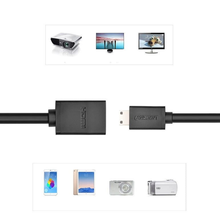 Ugreen adapter kabel HDMI (kvindelig) - mini HDMI (mandlig) 4K 60 Hz Ethernet HEC ARC audio 32 kanaler 22 cm sort (20137)