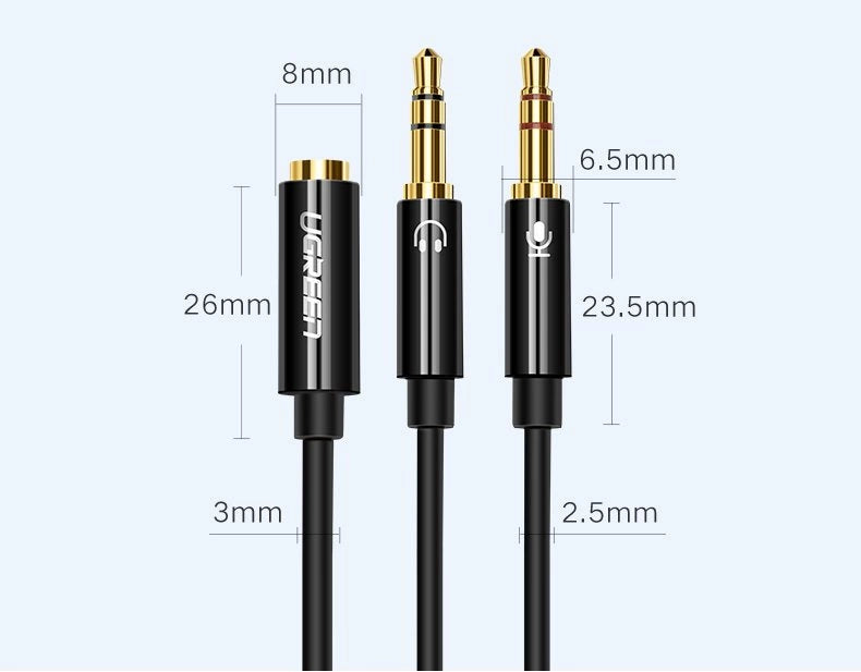 Ugreen AUX splitterkablet 3,5 mm mini jack (kvindelig) - 2x 3,5 mm mini jack (mandlig - mikrofon og hovedtelefoner) sort (AV140 20899)