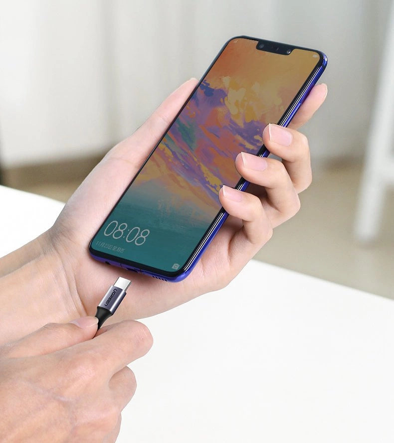Ugreen US255 50125 USB-C (ret) / USB-C (vinklet) PD QC-kabel 60W 3A 2m - grå