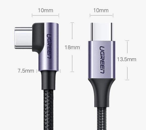 Ugreen US255 50125 USB-C (ret) / USB-C (vinklet) PD QC-kabel 60W 3A 2m - grå