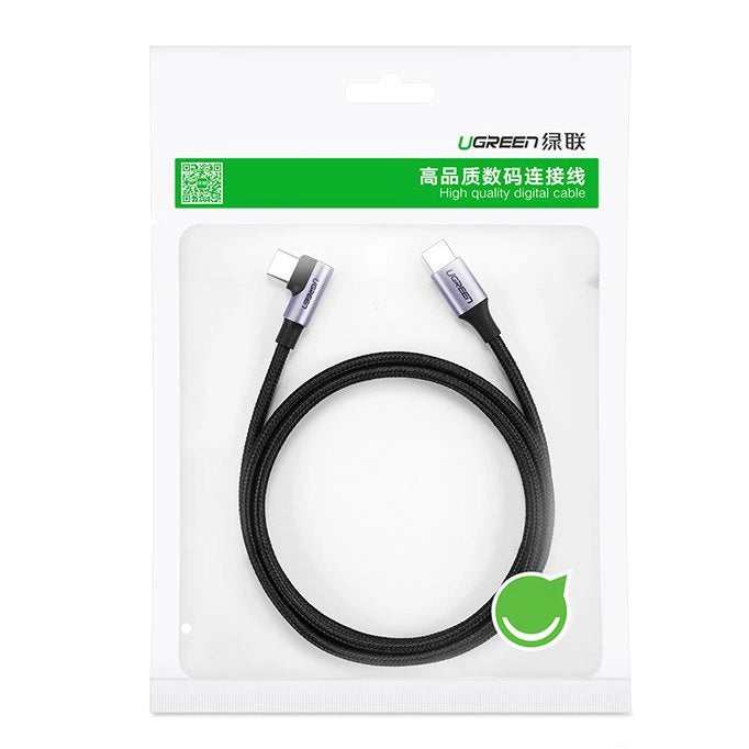Ugreen US255 50125 USB-C (ret) / USB-C (vinklet) PD QC-kabel 60W 3A 2m - grå