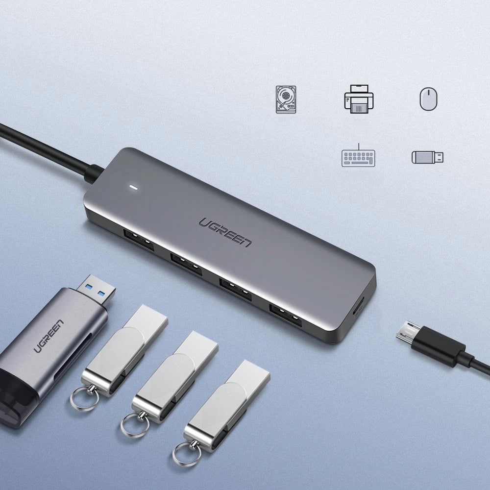 Ugreen USB HUB - 4x USB 3.2 Gen 1 med micro USB strømport grå (CM219 50985)