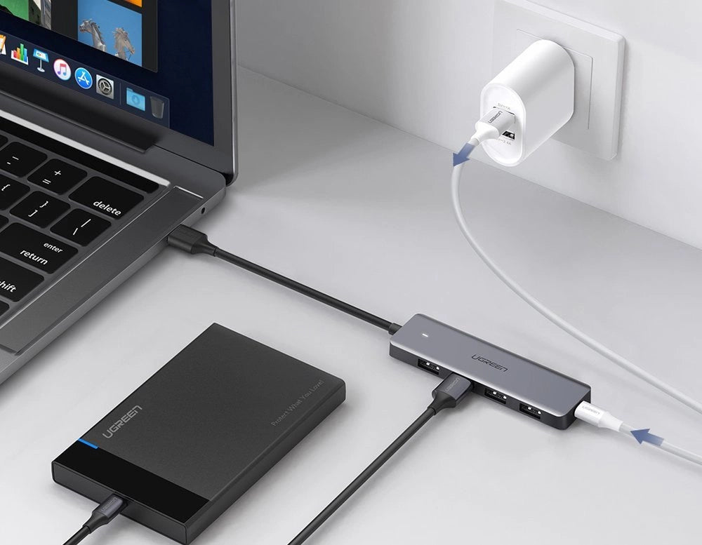 Ugreen USB HUB - 4x USB 3.2 Gen 1 med micro USB strømport grå (CM219 50985)