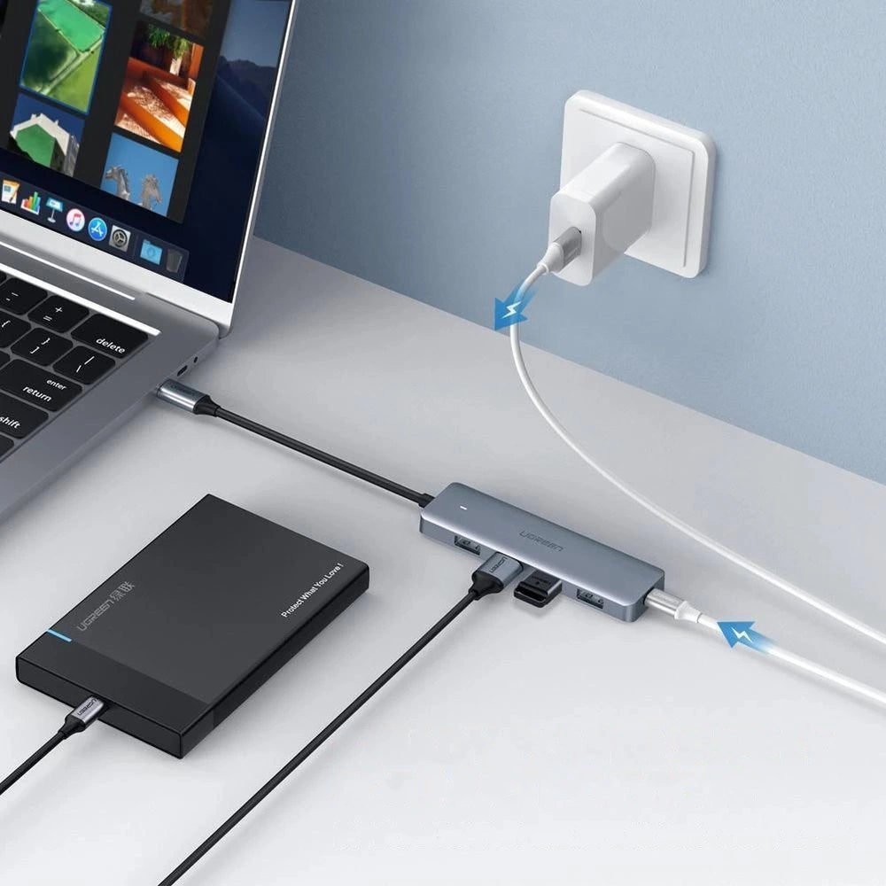 Ugreen USB Type C HUB - 4x USB 3.2 Gen 1 med USB-C strømport grå (CM219 70336)