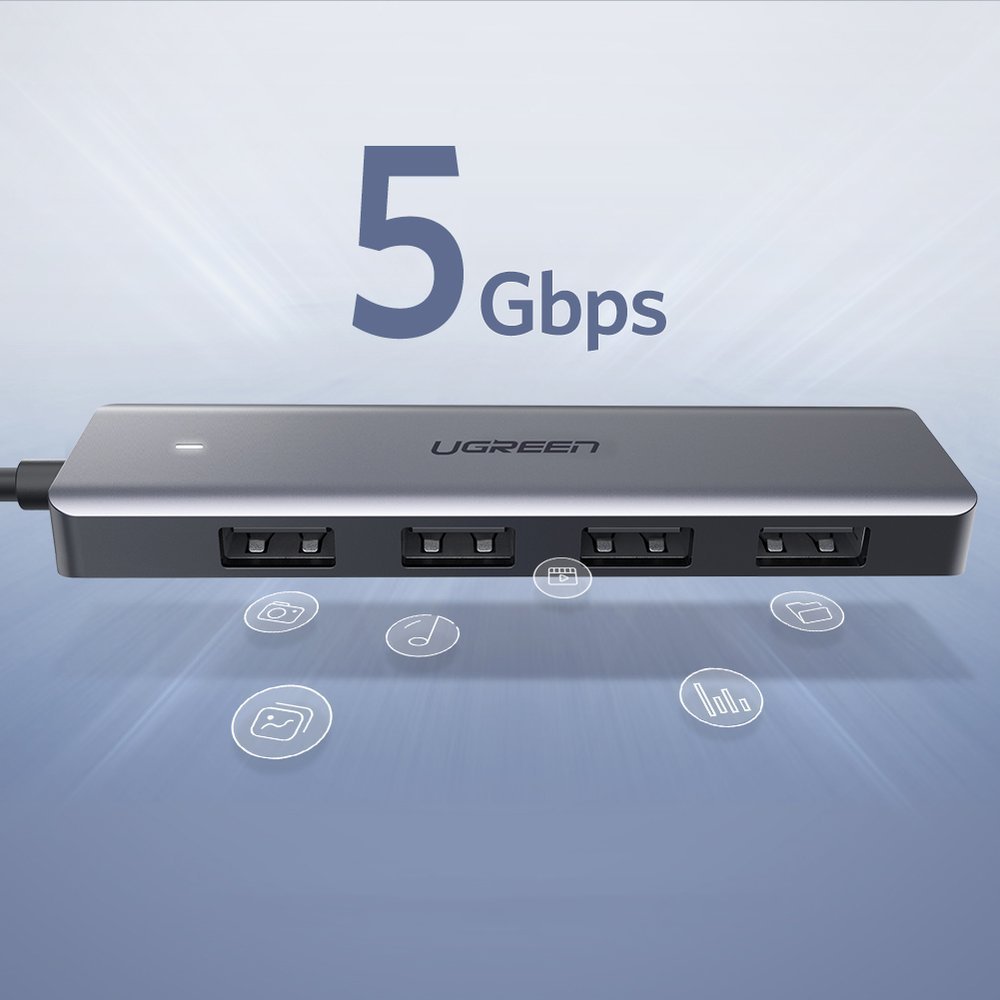Ugreen USB Type C HUB - 4x USB 3.2 Gen 1 med USB-C strømport grå (CM219 70336)