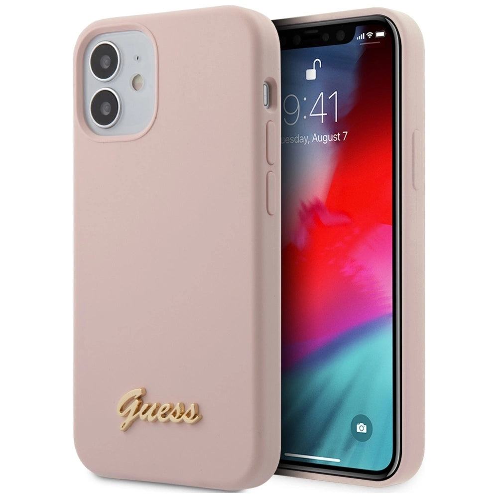 Guess GUHCP12SLSLMGLP iPhone 12 mini 5.4" lyserød/lyserød hardcase Silicone Script Gold Logo