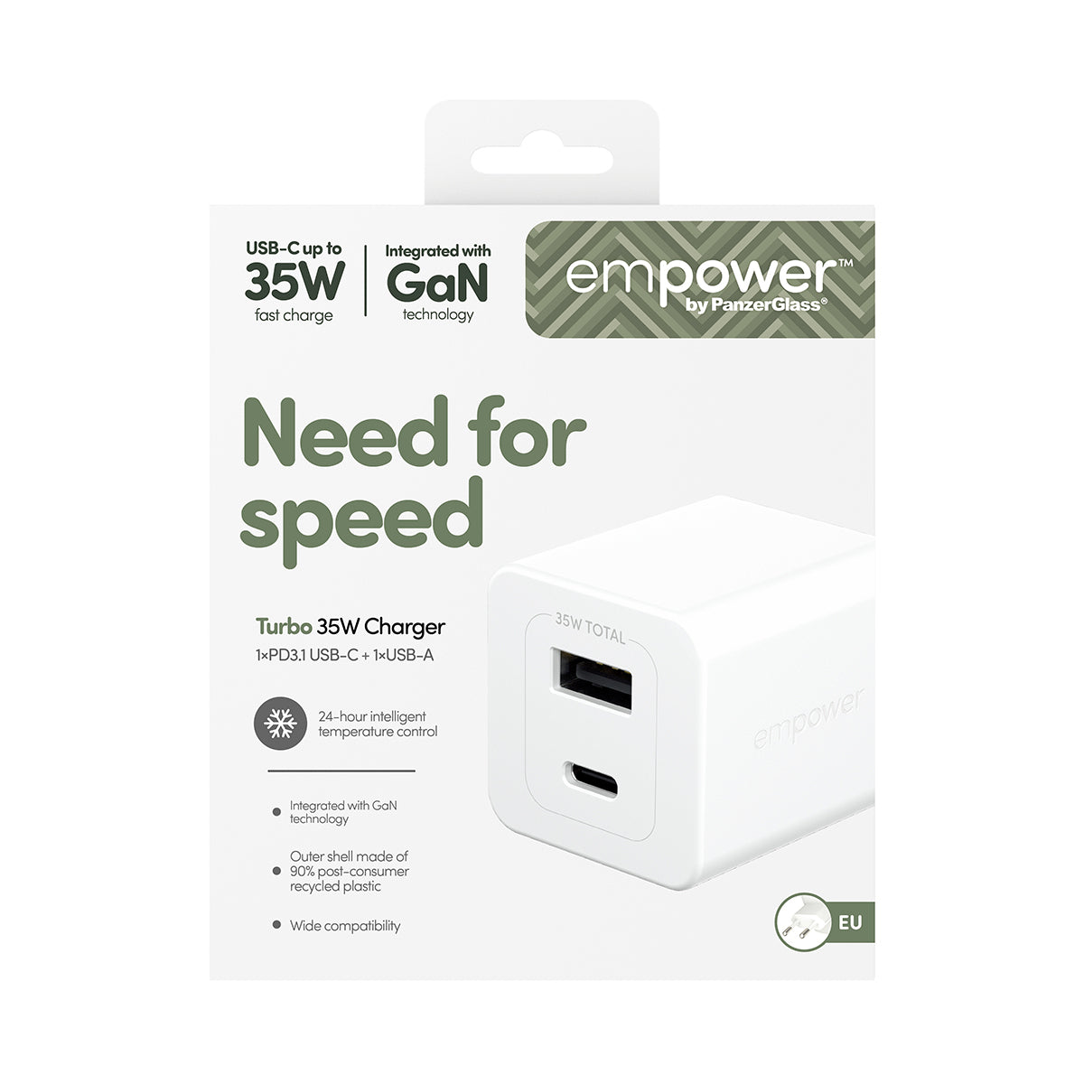 PanzerGlass empower by ® Turbo 35W Oplader inkl. USB-C + USB-A | EU Stik | Silver White