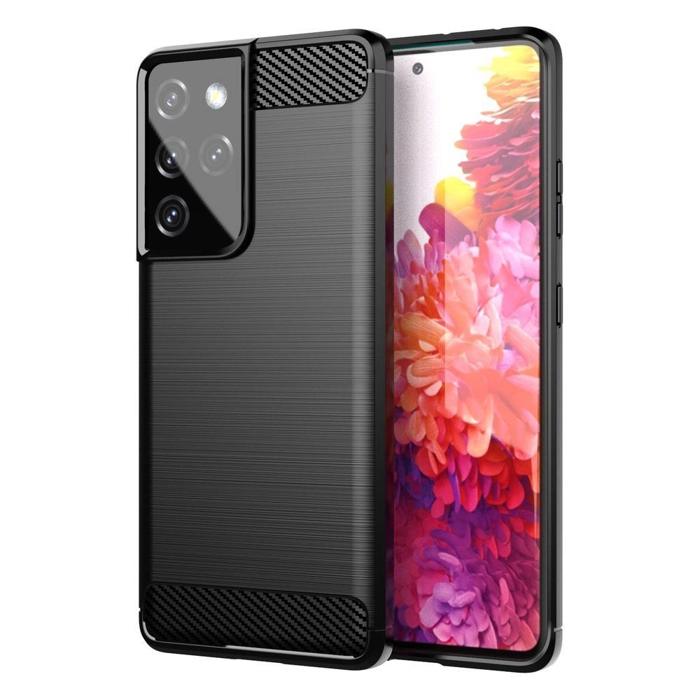 Carbon Case Flexible Cover TPU Case til Samsung Galaxy S21 Ultra 5G sort
