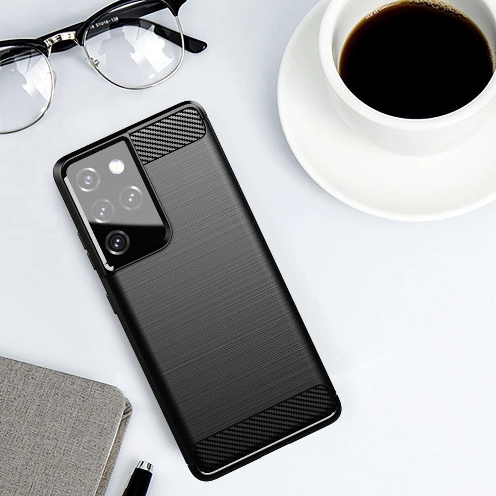 Carbon Case Flexible Cover TPU Case til Samsung Galaxy S21 Ultra 5G sort