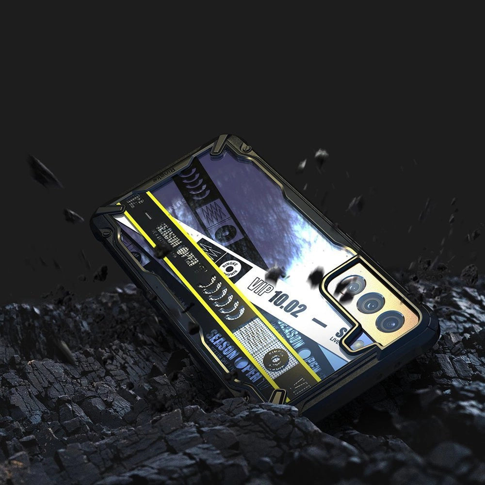 Ringke Fusion X Design holdbar PC-foder med TPU-støvler til Samsung Galaxy S21 + 5G (S21 Plus 5G) sort (Ticket band) (XDSG0052)