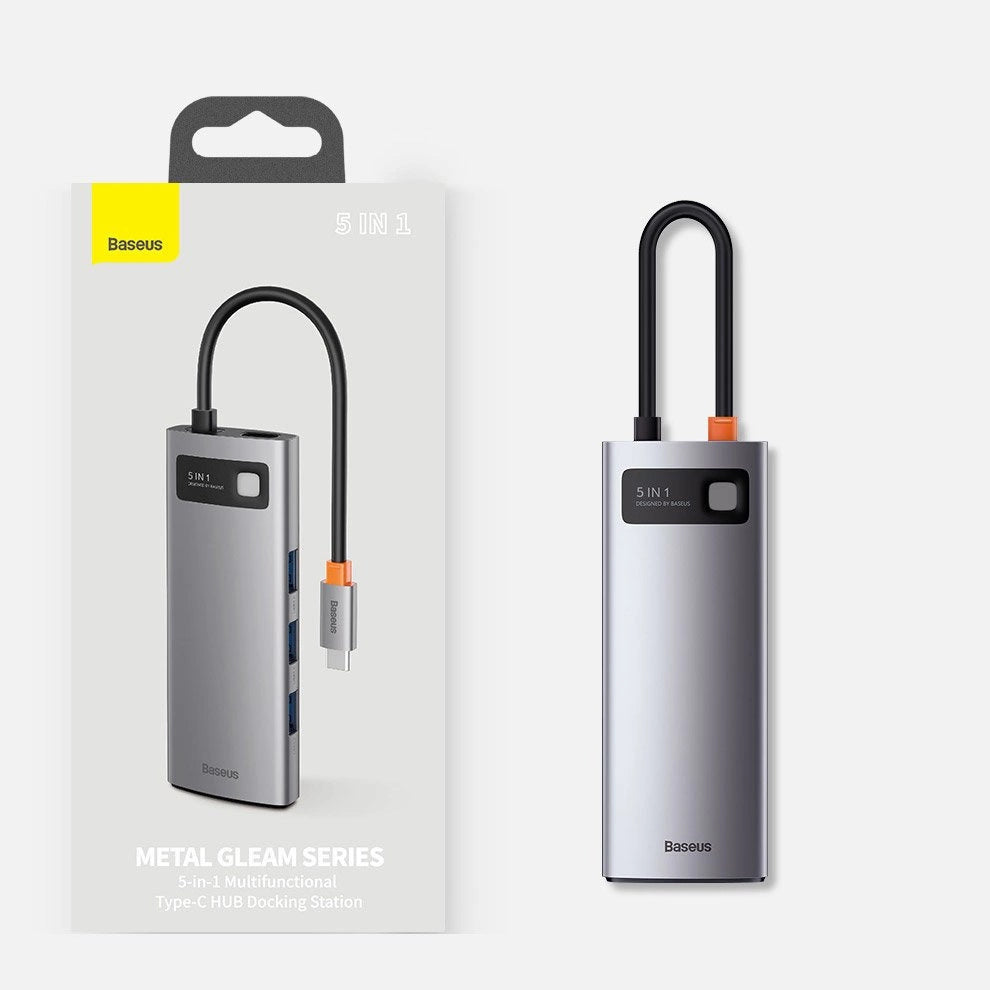 Baseus Metal Gleam Series 5-i-1 multifunktionelle HUB USB Type C - USB Type C Power Delivery 100 W / HDMI 4K 30 Hz / 3x USB 3.2 Gen 1 (CAHUB-CX0G)