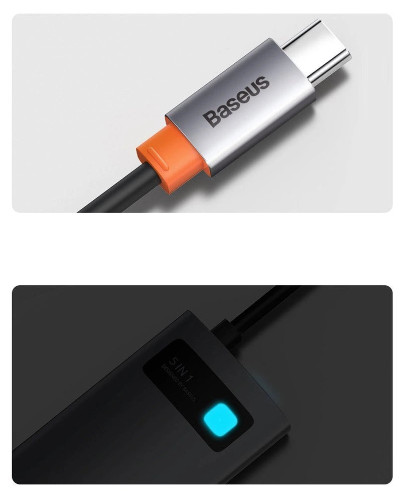 Baseus Metal Gleam Series 5-i-1 multifunktionelle HUB USB Type C - USB Type C Power Delivery 100 W / HDMI 4K 30 Hz / 3x USB 3.2 Gen 1 (CAHUB-CX0G)