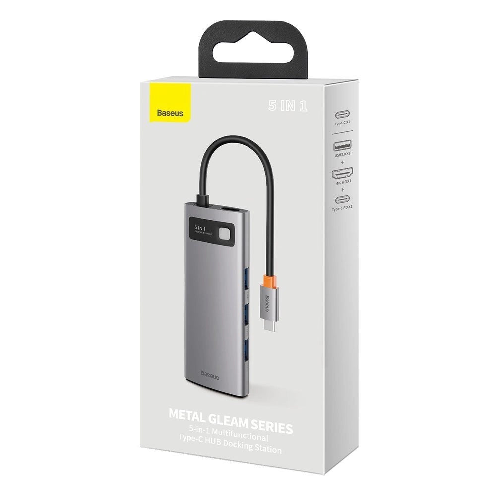 Baseus Metal Gleam Series 5-i-1 multifunktionelle HUB USB Type C - USB Type C Power Delivery 100 W / HDMI 4K 30 Hz / 3x USB 3.2 Gen 1 (CAHUB-CX0G)